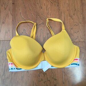 VS Pink Wear Everywhere T-Shirt Lightly Lined Mustard and Rainbow Bra Size 34D
